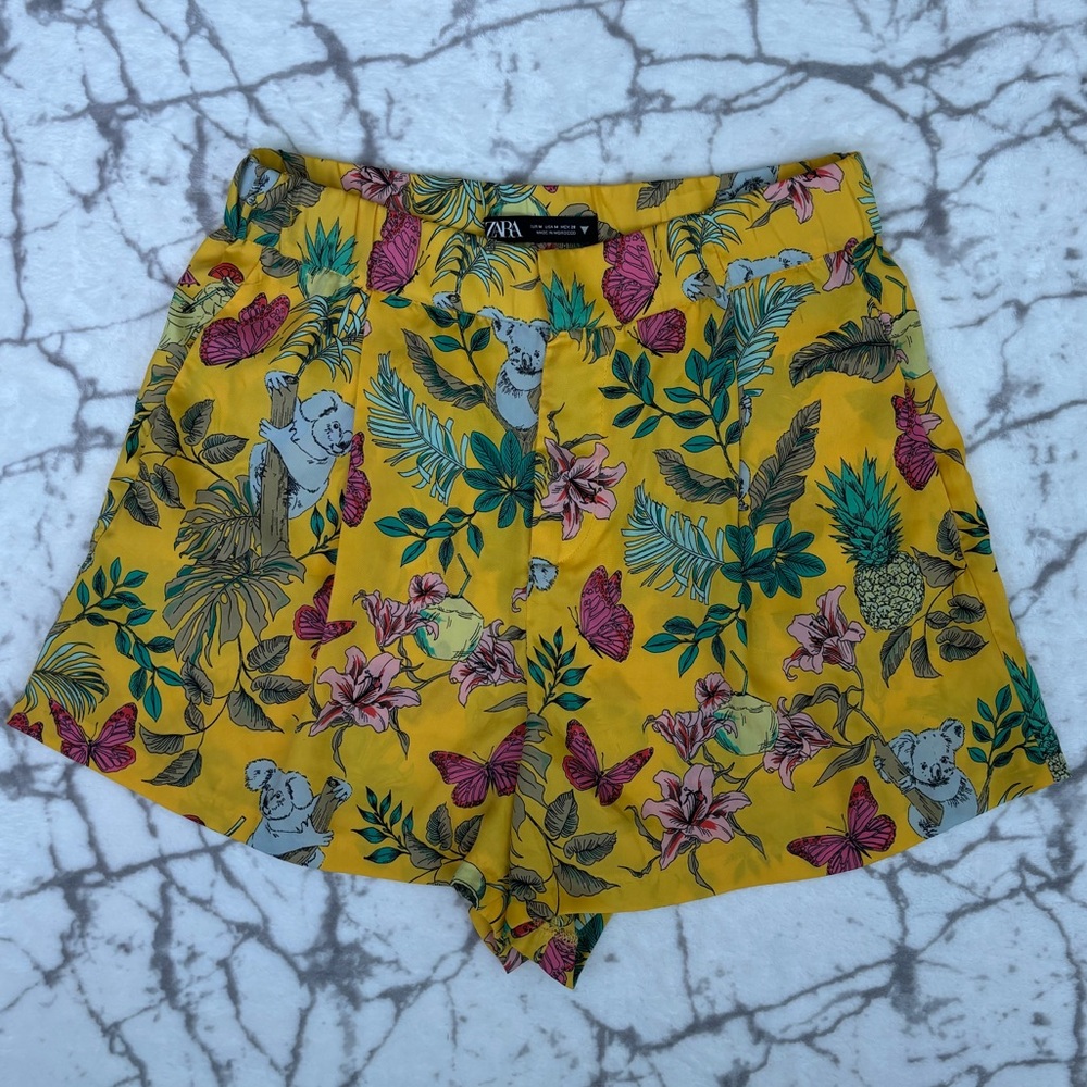 ZARA Koala Shorts Women's M Yellow Floral Print Gray Koala Bears Loungewear